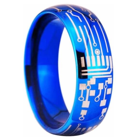 Men's Wedding Band - Dome Brushed Blue Laser Circuit Board Ring for Men & Women - Picture 1 of 6
